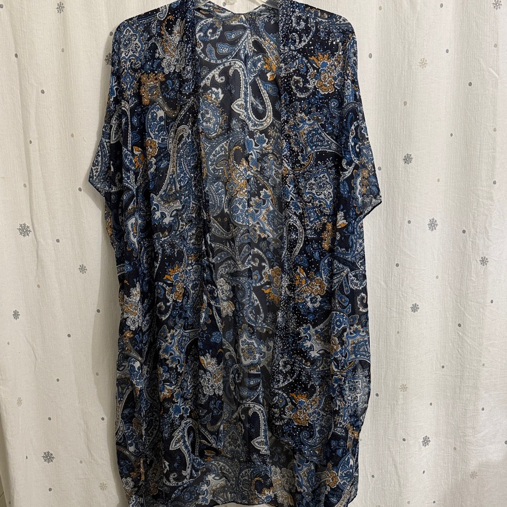 Blue Paisley Sheer Swim Cover-Up Kimono